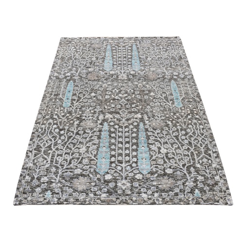 Carbon Gray, Hand Knotted, Cypress Tree Design, Silk with Textured Wool, Oriental Rug