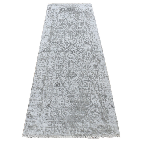 Battleship Gray, Erased and Broken Persian Design, Wool and Pure Silk, Hand Knotted, Runner Oriental Rug