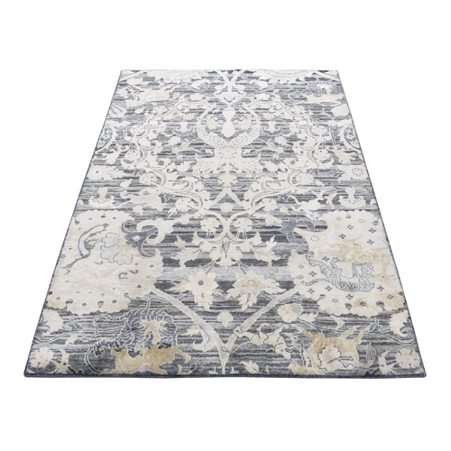 Thunder Gray, Hunting Design, Silk with Textured Wool, Hand Knotted, Oriental Rug