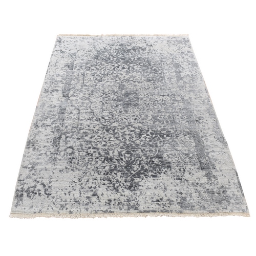 Carbon Gray, Erased Persian Design, Wool and Pure Silk, Hand Knotted, Oriental Rug 