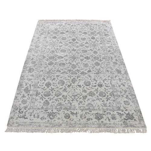 Ivory, Broken and Erased Tabriz Fish Mahi Design, Wool and Silk, Hand Knotted, Tone on Tone, Oriental Rug