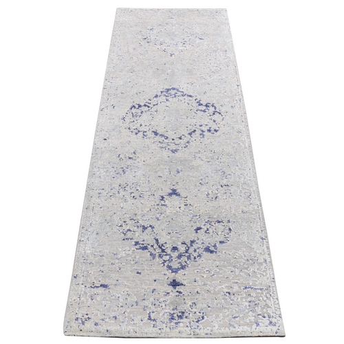 Ash Gray, Diminishing Cypress Trees with Medallion Design, Silk with Textured Wool, Hand Knotted,  Runner Oriental Rug