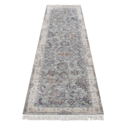 Laurel Green, Pure Silk with Textured Wool, Mughal Design, Hand Knotted, Runner Oriental Rug