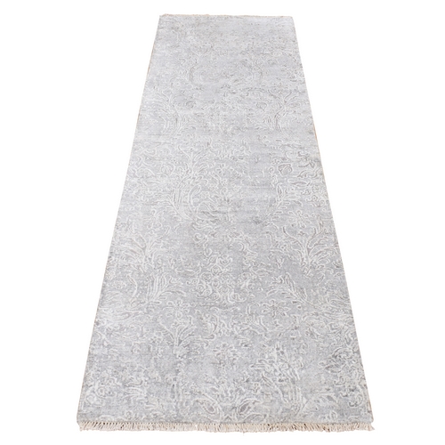 Goose Gray, Hand Knotted, Damask Tone on Tone Design, Wool and Silk, Runner Oriental Rug