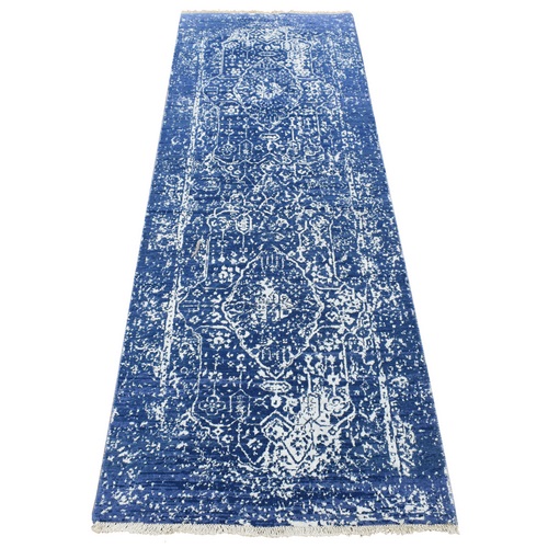 Yale Blue, Wool and Silk, Hand Knotted, Broken and Erased Persian Design, Runner Oriental 