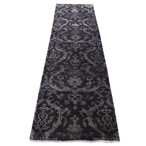 Taupe Brown, Damask Tone on Tone, Wool and Silk, Hand Knotted, Runner Oriental 