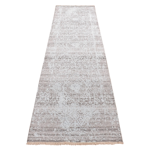 Nyanza Green, Broken and Erased Persian Design, Hand Knotted, Wool and Silk, Runner Oriental Rug