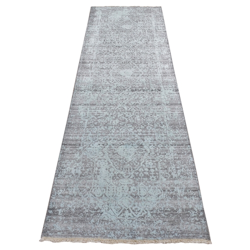 Chetwode Green, Broken and Erased Persian Design, Hand Knotted, Wool and Silk, Runner Oriental Rug