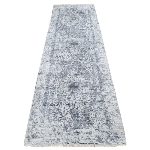 Slate Gray, Wool and Pure Real Silk, Hand Knotted, Broken and Erased Persian Design, Runner Oriental 