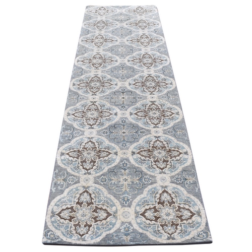 Ash Gray, Mughal Inspired Rosette Design, Silk with Textured Wool, Hand Knotted, Runner Oriental 