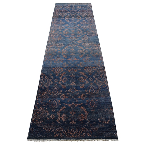 Prussian Blue, Arboresque Design, Tone on Tone, Wool and Silk, Handmade, Runner Oriental 