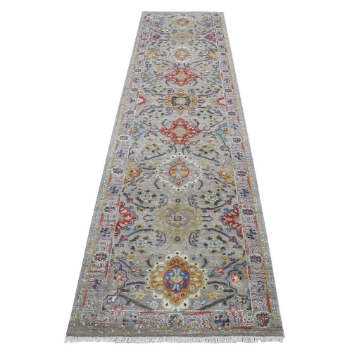 Medium Gray, THE SUNSET ROSETTES, Pure Silk and Wool, Hand Knotted, Runner Oriental Rug