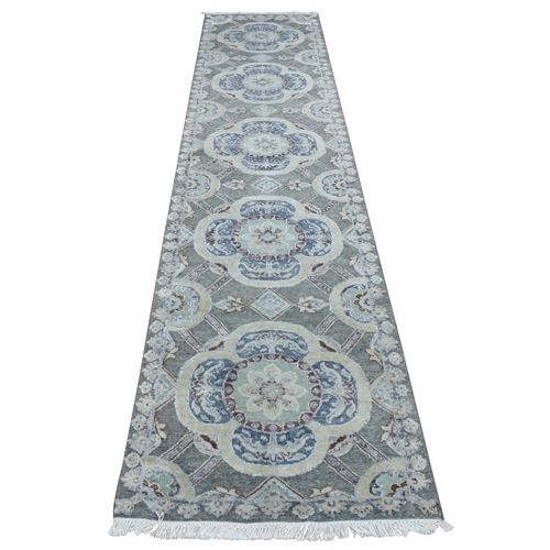 Nevada Gray, Silk with Textured Wool, Neo Classic Design with Large Geometrical Flower Motif, Hand Knotted, Runner Oriental Rug