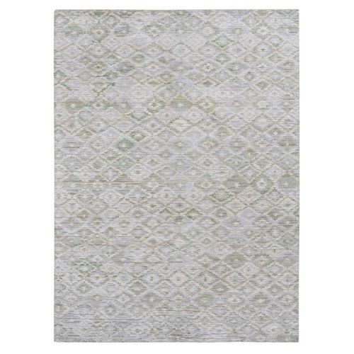 Gainsboro Gray, Geometrical Pastel Design, Pure Silk, Soft to The Touch, Hand Knotted, Oriental Rug