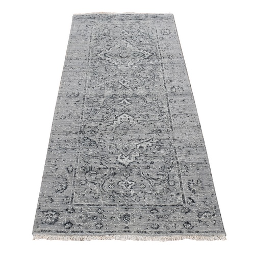 Nickel Gray, Broken and Erased with Textured Wool Persian Design, Hand Knotted, Runner Oriental Rug