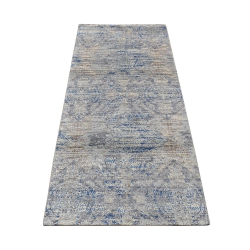 Yale Blue, Silk with Textured Wool, Broken and Erased Rosette Design, Hand Knotted, Runner Oriental Rug