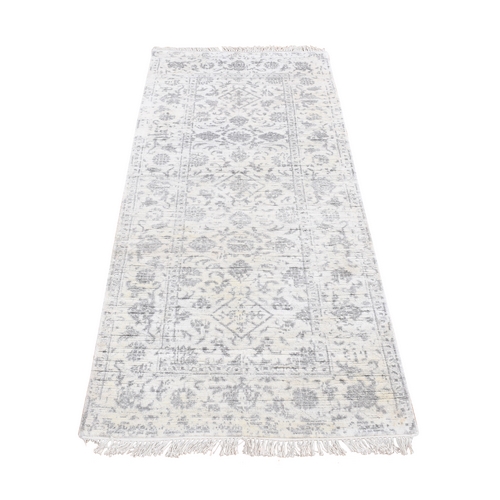 Ivory, Broken and Erased Tone on Tone Persian Fish Mahi  Pattern, Wool and Silk, Blend, Hand Knotted, Runner Oriental Rug