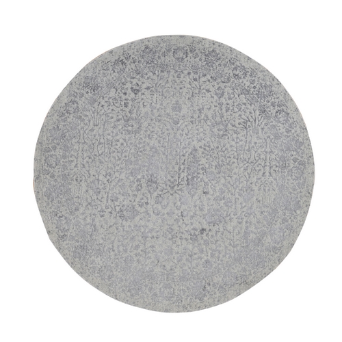 Gainsboro Gray, Jacquard Hand Loomed, Broken Cypress Tree Design, Wool and Silk, Thick and Plush, Round Oriental Rug