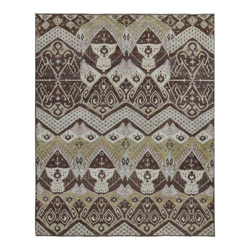 Bistre Brown, Ikat Tribal and Geometric Design, Pure Wool, Hand Knotted, Oriental 