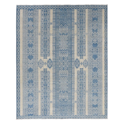 Medium Sapphire Blue, Pure Wool, Fine Peshawar with Intricate Geometric Motifs, Hand Knotted, Oriental Rug