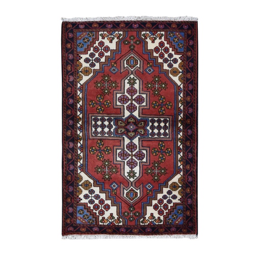 Cardinals Red, New Persian Hamadan with Cross Design, Pure Wool, Hand Knotted, Oriental 