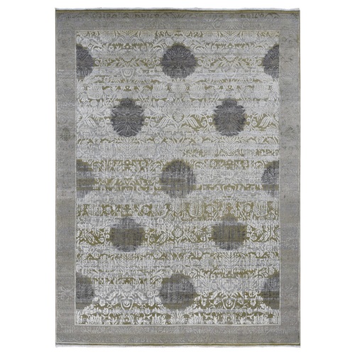 Artichoke Green, Silk with Textured Wool, Abrash and Flower Artistic Motifs, Hand Knotted, Oriental Rug