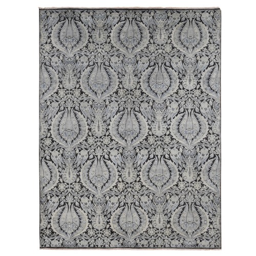 Goose Gray, Pure Silk with Textured Wool, Tulip Flower Design, Hand Knotted, Oriental Rug