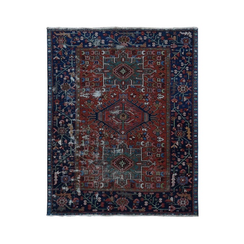 Barn Red, Antique Persian Karajeh, Extensive Wear but No Holes, Hand Knotted, Pure Wool, Cleaned, Sides and Ends Professionally Secured, Oriental Rug