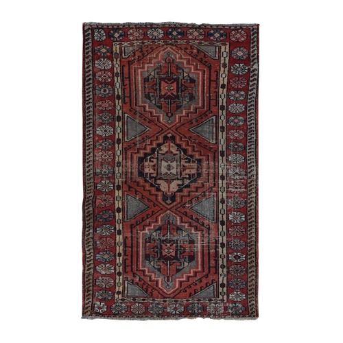 Auburn Red, Antique Persian Hamadan, Some Wear but No Holes, Hand Knotted, Pure Wool, Cleaned, Sides and Ends Professionally Secured, Oriental Rug