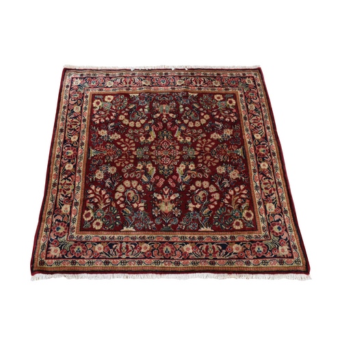 Wine Red, Antique Persian Sarouk, Full Pile with a Rare Square Size, 100% Wool, Hand Knotted, Oriental Rug