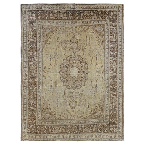 Beeswax Brown, Antique Persian Tabriz, Birds and Trees Design, Pure Wool, Even Wear, Hand Knotted, Oriental Rug