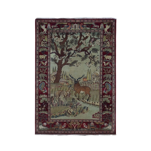 Vanilla White, Antique Persian Pictorial Kashan with Deer, Lion, Monkey, Bird and More, Full Pile, Mint Condition, Hand Knotted, Pure Wool, Oriental Rug