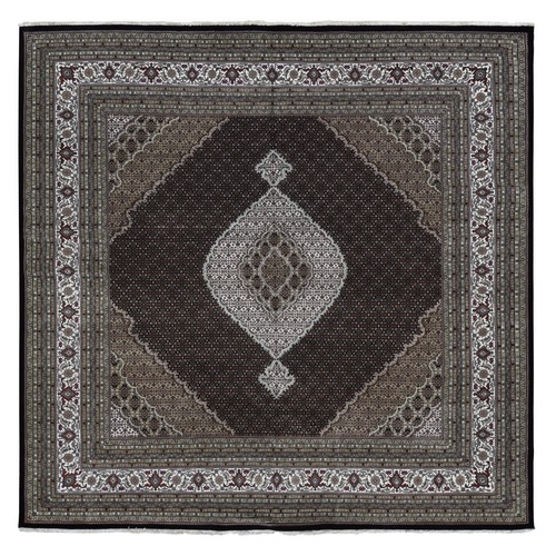 Obsidian Black and Porcelain Ivory, Tabriz Mahi with Fish Medallion Design, Pure Wool, Hand Knotted, Square, Oriental Rug