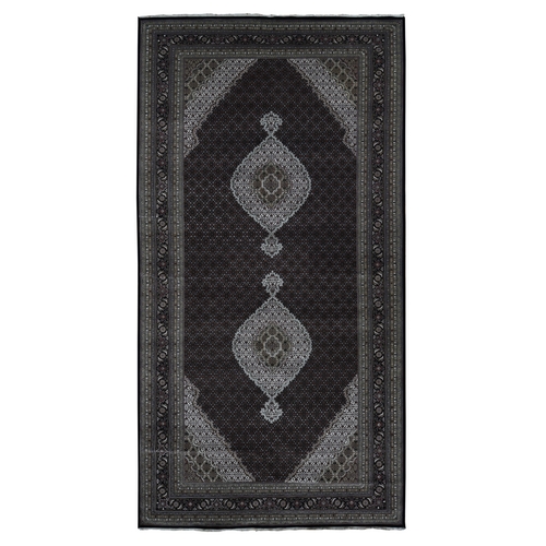 Asphalt Black, Tabriz Mahi with Fish Medallion Design, Hand Knotted, Pure Wool, Wide and Long Gallery Size Oriental 