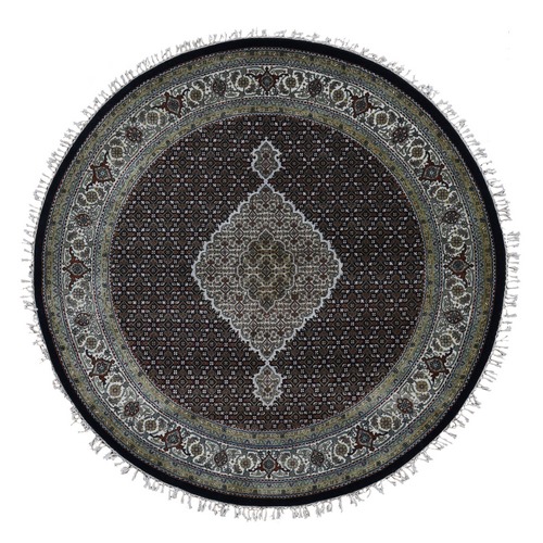 Asphalt Black, Tabriz Mahi, Pure Wool, Hand Knotted, Round Oriental Rug