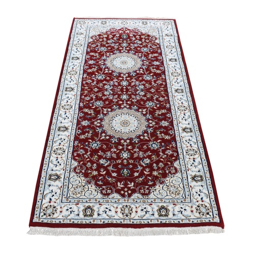 Sangria Red, Pure Wool, 250 KPSI, Nain with Flower Medallion Design, Hand Knotted, Short Runner Oriental Rug