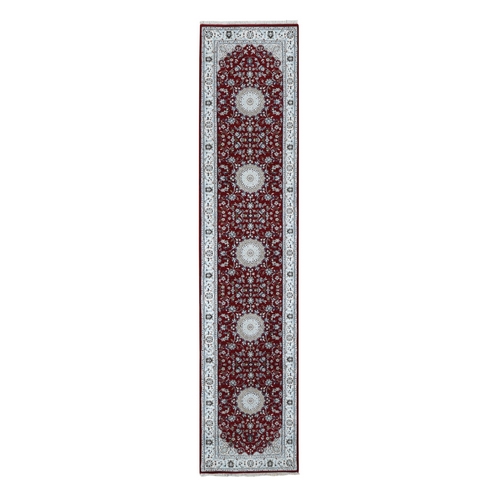 Sangria Red, Natural Wool, Nain with Flower Medallion Design, 250 KPSI, Hand Knotted, Runner Oriental Rug