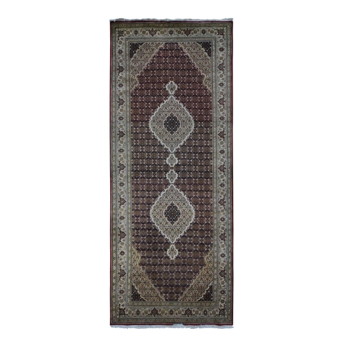 Burgundy Red, Tabriz Mahi, Large Medallions, Pure Wool, Hand Knotted, Gallery Wide Runner, Oriental Rug
