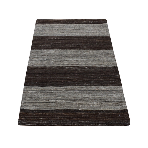 Taupe Brown, Flat Weave Kilim, Wide Stripe Design, Undyed Natural Wool, Hand Woven, Sample Oriental Rug