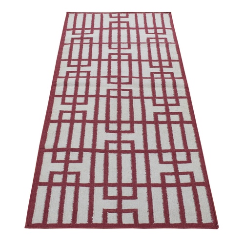 Alabama Crimson Red, Flat Weave Reversible Kilim, Geometrical Line Design, 100% Wool, Hand Woven, Runner Oriental Rug
