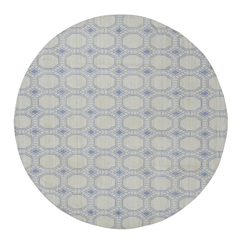 Spring White, 100% Wool, Hand Woven, Flat Weave Durie Kilim, Geometric Design, Reversible, Round Oriental Rug