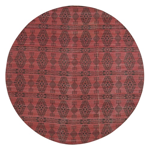 Crimson Red, 100% Wool, Hand Woven, Flat Weave Kilim, Reversible, Round Oriental Rug