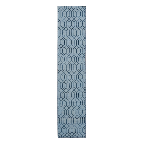 Cerulean Blue, Hand Woven, 100% Wool, Flat Weave Kilim, Geometric Tone on Tone Design, Reversible Runner Oriental Rug