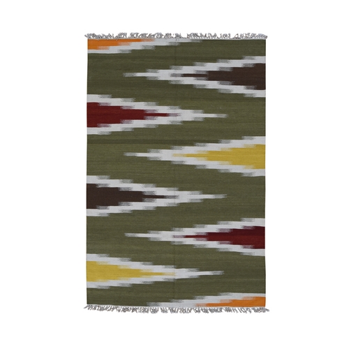 Old Moss Green, Flat Weave Kilim, Dazzling Zig-Zag Design, 100% Wool, Hand Woven, Reversible Oriental Rug