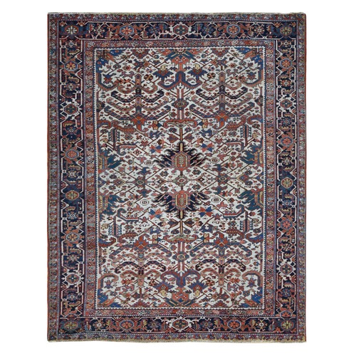 Ivory, 100% Wool, Antique Persian Heriz, All Over Geometrical Design, Hand Knotted, Cleaned, Sides and Ends Professionally Secured, Oriental Rug