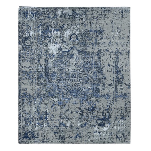 Stone Gray, Broken and Erased Heriz Design, Wool and Silk, Hand Knotted, Fine Oriental Rug