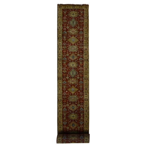 Brick Red, Hand Knotted, XL Runner, Karajeh with Geometric Medallion Design, Pure Wool, Oriental 