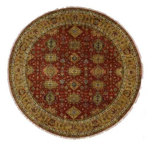 Maroon Red, Hand Knotted, Karajeh Design, Pure Wool, Round Oriental Rug