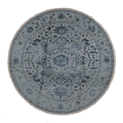 Echo Gray, Heriz Design, Wool and Silk, Hi-lo Pile, Hand Knotted, Round Oriental Rug