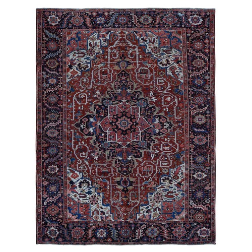 Crimson Red, Antique Persian Heriz, Rosette and Serrated Leaf Design Border, Hand Knotted, Pure Wool, Clean, Sides and Ends Professionally Secured, Oriental Rug